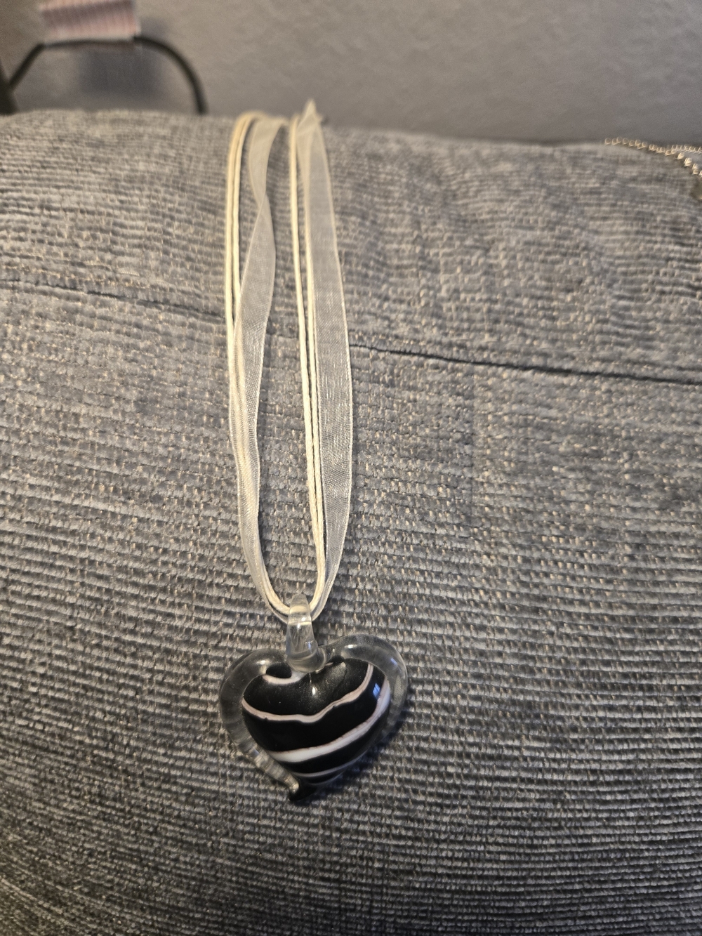 Black Heart Glass Pendant Necklace with White Stripe